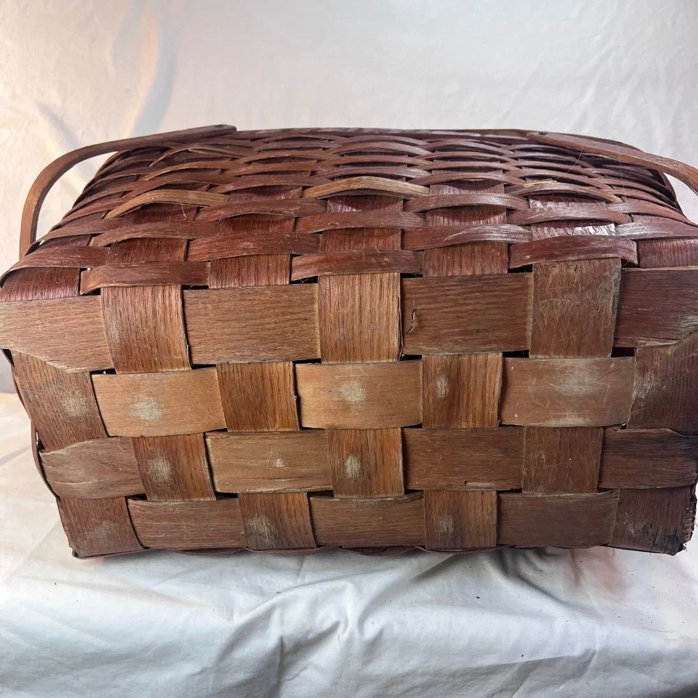 Vintage Woven Wood Picnic Basket Dual Handles Hinged Slatted Lid Large Rustic